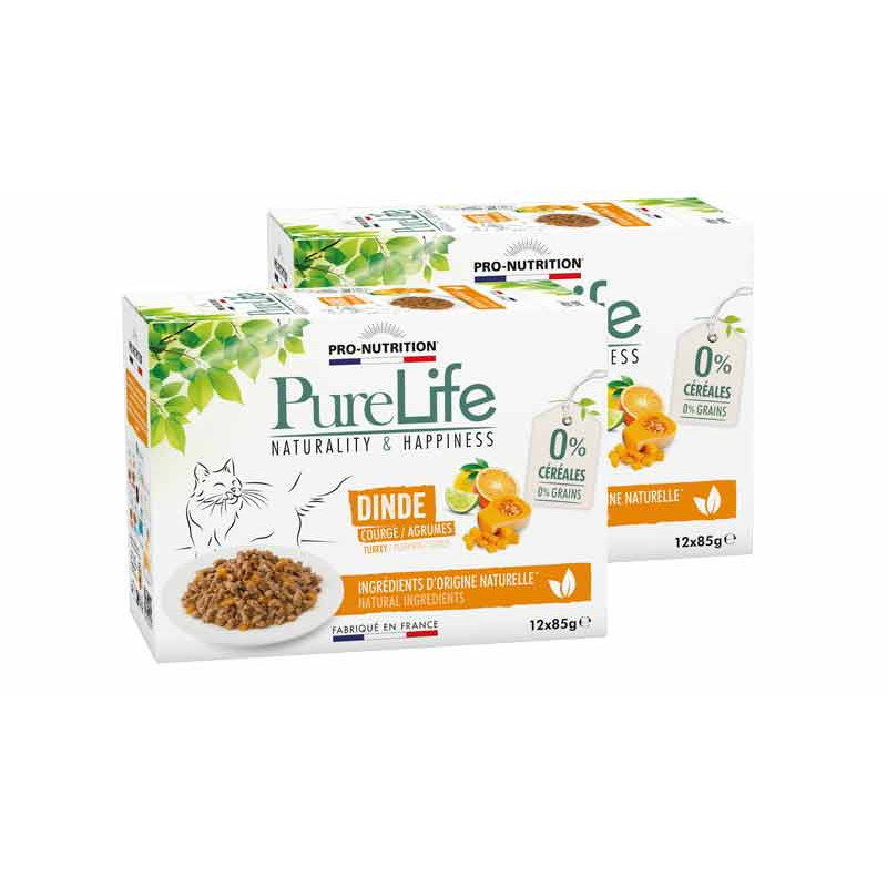 Pâtée pour chat à la dinde - PURE LIFE WET DINDE LOT - 2 cartons de 12 pochons  - Pro Nutrition - Flatazor