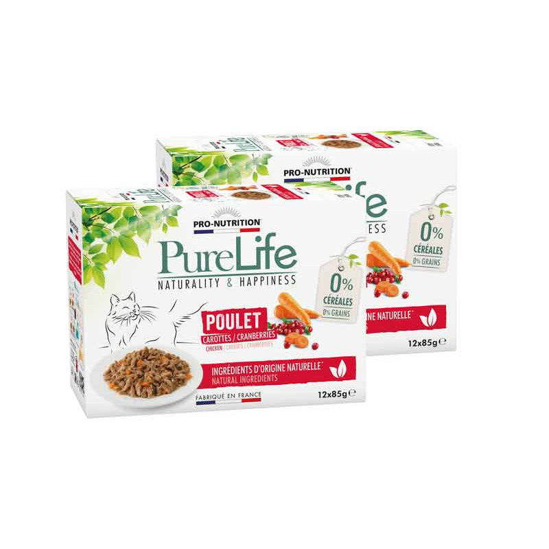 Pâtée pour chat au poulet - PURE LIFE WET POULET LOT - 2 cartons de 12 pochons  - Pro Nutrition - Flatazor