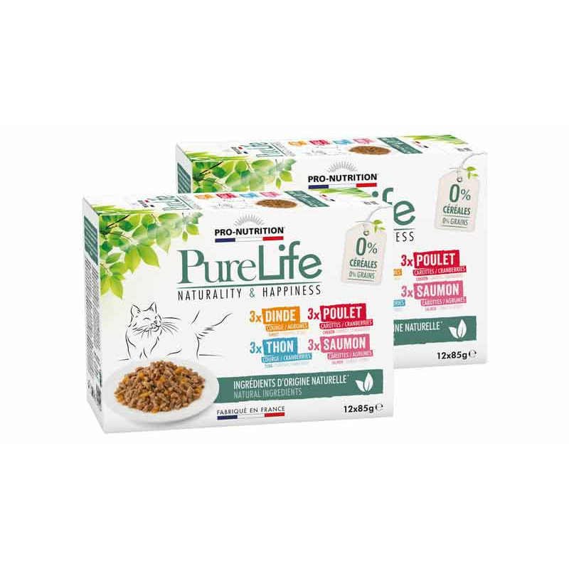 Pâtée pour chat 4 variétés - PURE LIFE WET MULTI LOT - 2 cartons de 12 pochons  - Pro Nutrition - Flatazor