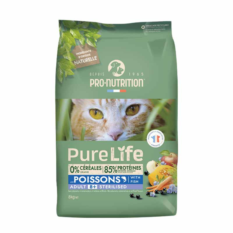PURE LIFE CHAT ADULT 8+  POISSONS | Croquettes sans céréales pour  chat senior aux poissons - LOT 2x8kg  - Pro Nutrition - Flatazor