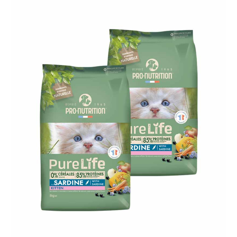 PURE LIFE CHAT KITTEN SARDINE | Croquettes sans céréales pour  chaton  à la sardine 8kg  - Pro Nutrition - Flatazor
