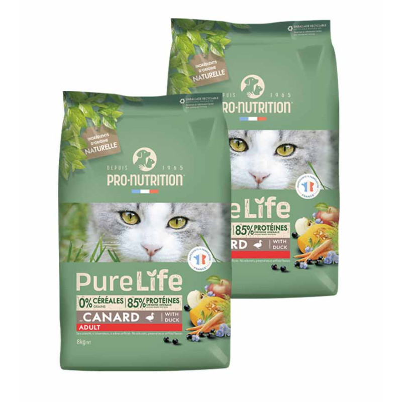 PURE LIFE CHAT ADULT CANARD | Croquettes sans céréales pour  chat  au canard 8kg  - Pro Nutrition - Flatazor