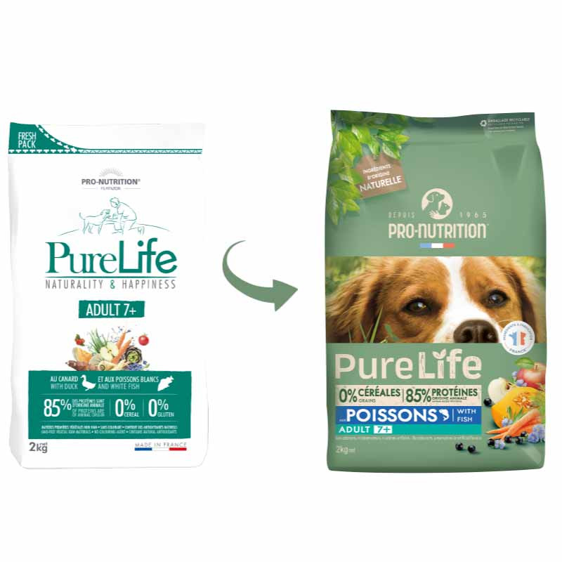 PURE LIFE CHIEN ADULT 7+  POISSONS | Croquettes sans céréales pour  chien senior aux poissons LOT - 2x2kg  - Pro Nutrition - Flatazor