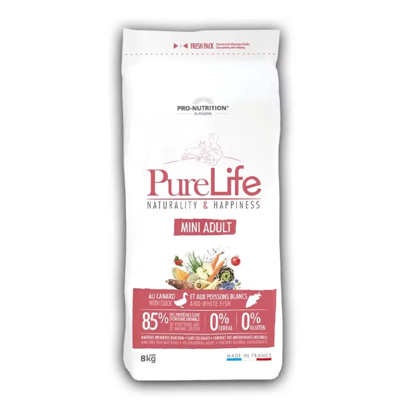 DESTOCKAGE PURE LIFE  CHIEN MINI ADULT |Croquettes sans céréales pour chien adulte de petite taille au canard et poissons blancs 8kg  - Pro Nutrition - Flatazor