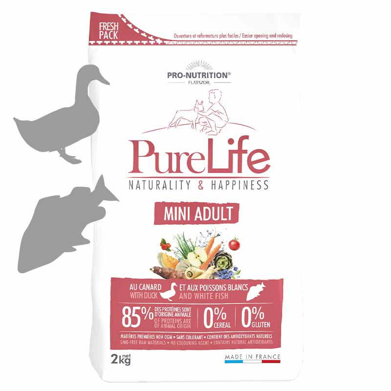 DESTOCKAGE PURE LIFE  CHIEN MINI ADULT |Croquettes sans céréales pour chien adulte de petite taille au canard et poissons blancs LOT - 2x8kg  - Pro Nutrition - Flatazor