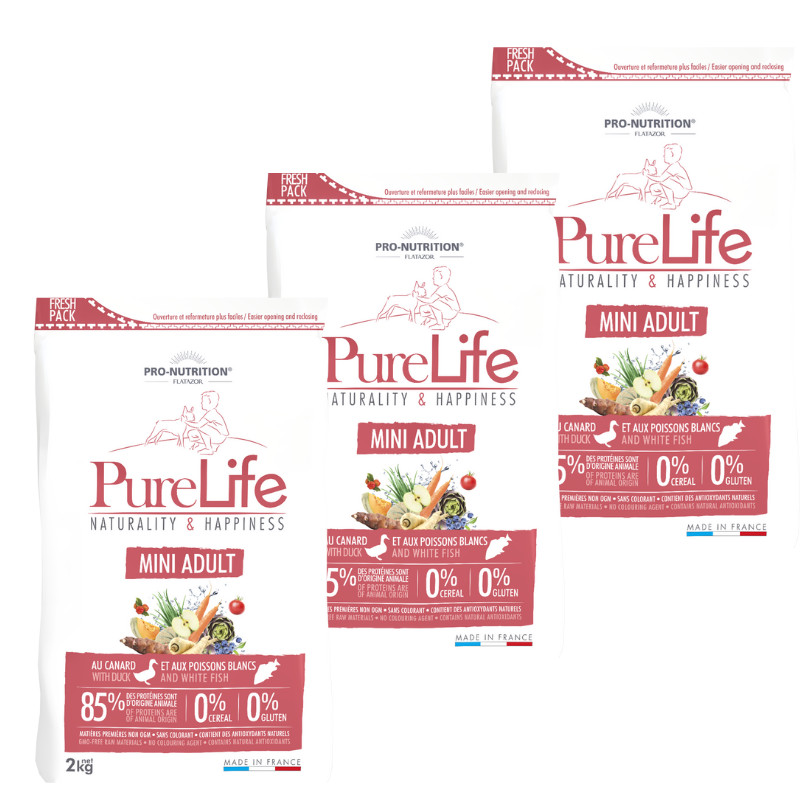 DESTOCKAGE PACK DECOUVERTE 3x8KG  - PURE LIFE MINI ADULT - Croquettes sans céréale chien  - Pro Nutrition - Flatazor