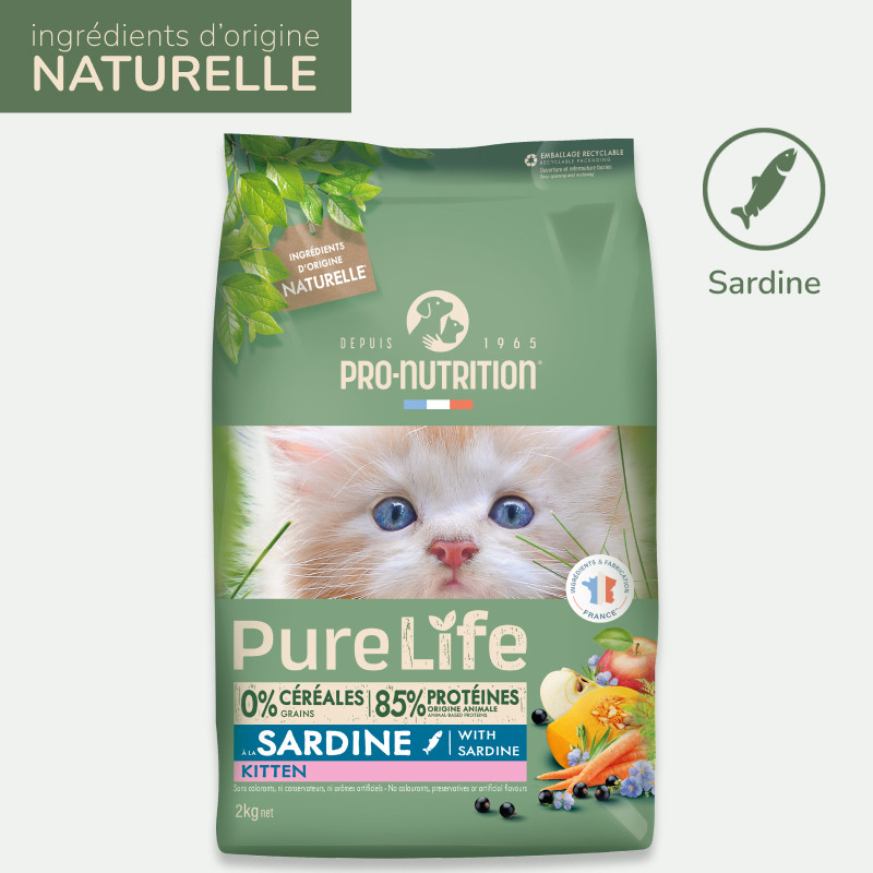 PURE LIFE CHAT KITTEN SARDINE | Croquettes sans céréales pour chaton à la sardine 8kg  - Pro Nutrition - Flatazor