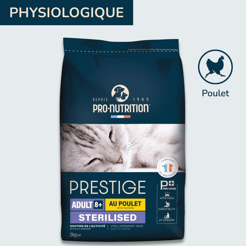 PRESTIGE CHAT ADULT 8+ AU POULET STERILISED| Croquettes pour chat sénior au poulet 10kg  - Pro Nutrition - Flatazor