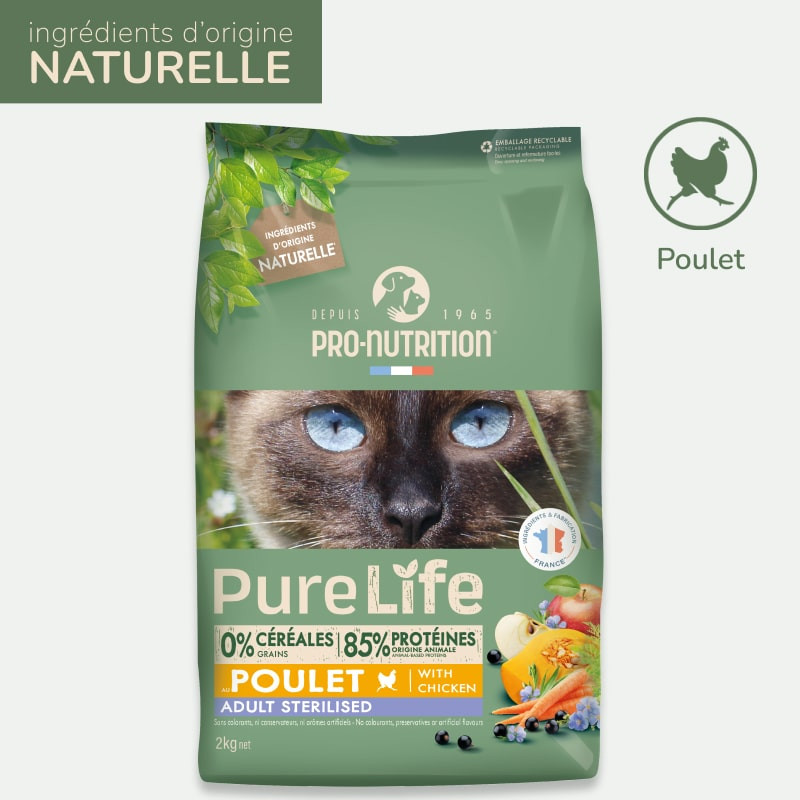 PURE LIFE  CHAT  STERILISED POULET | Croquettes sans céréales pour  chat stérilisé au poulet 2kg  - Pro Nutrition - Flatazor