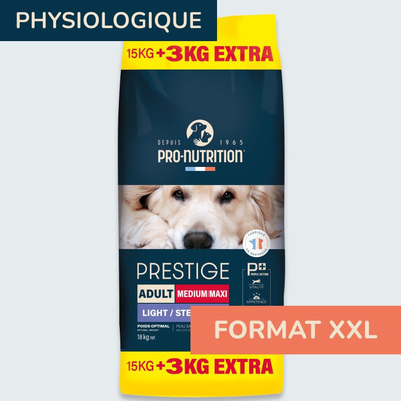 PRESTIGE CHIEN ADULT MEDIUM MAXI LIGHT/STERILISED | Croquettes pour chien de moyenne et grande taille stérilisé - 15+3Kg offerts  - Pro Nutrition - Flatazor