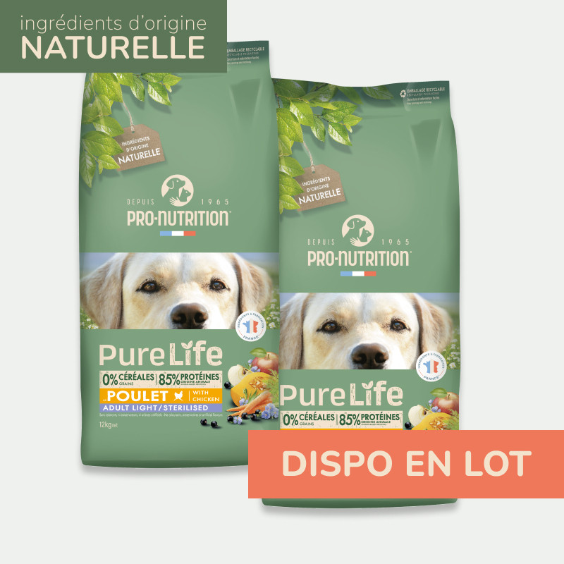 PURE LIFE CHIEN ADULT LIGHT STERILISED POULET | Croquettes sans céréales pour  chien stérilisé au poulet LOT - 2x2kg  - Pro Nutrition - Flatazor