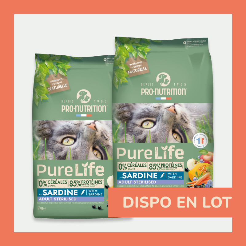 PURE LIFE  CHAT  STERILISED SARDINE | Croquettes sans céréales pour  chat stérilisé à la sardine LOT - 2x8kg  - Pro Nutrition - Flatazor