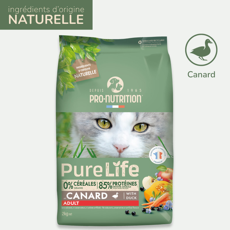 PURE LIFE CHAT ADULT CANARD | Croquettes sans céréales pour  chat  au canard LOT - 2x2kg  - Pro Nutrition - Flatazor