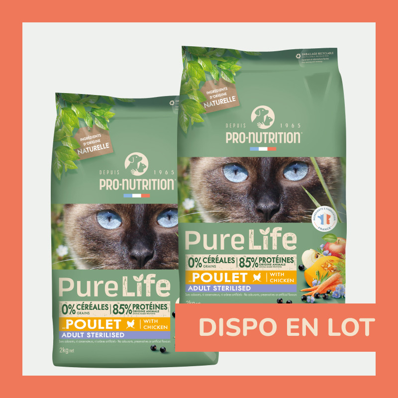 PURE LIFE  CHAT  STERILISED POULET | Croquettes sans céréales pour  chat stérilisé au poulet LOT - 2x2kg  - Pro Nutrition - Flatazor