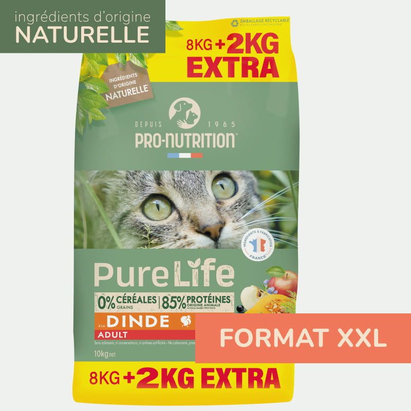 PURE LIFE  CHAT ADULT  DINDE | Croquettes sans céréales pour chat  à la dinde - 8+2kgs offerts  - Pro Nutrition - Flatazor