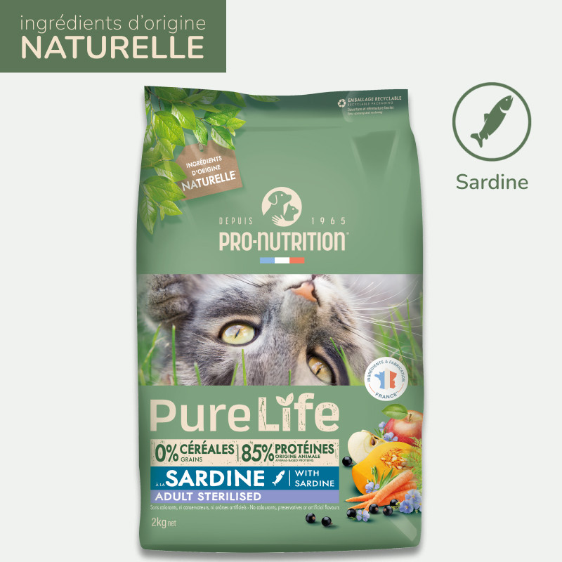 PURE LIFE  CHAT  STERILISED SARDINE | Croquettes sans céréales pour  chat stérilisé à la sardine 8kg  - Pro Nutrition - Flatazor