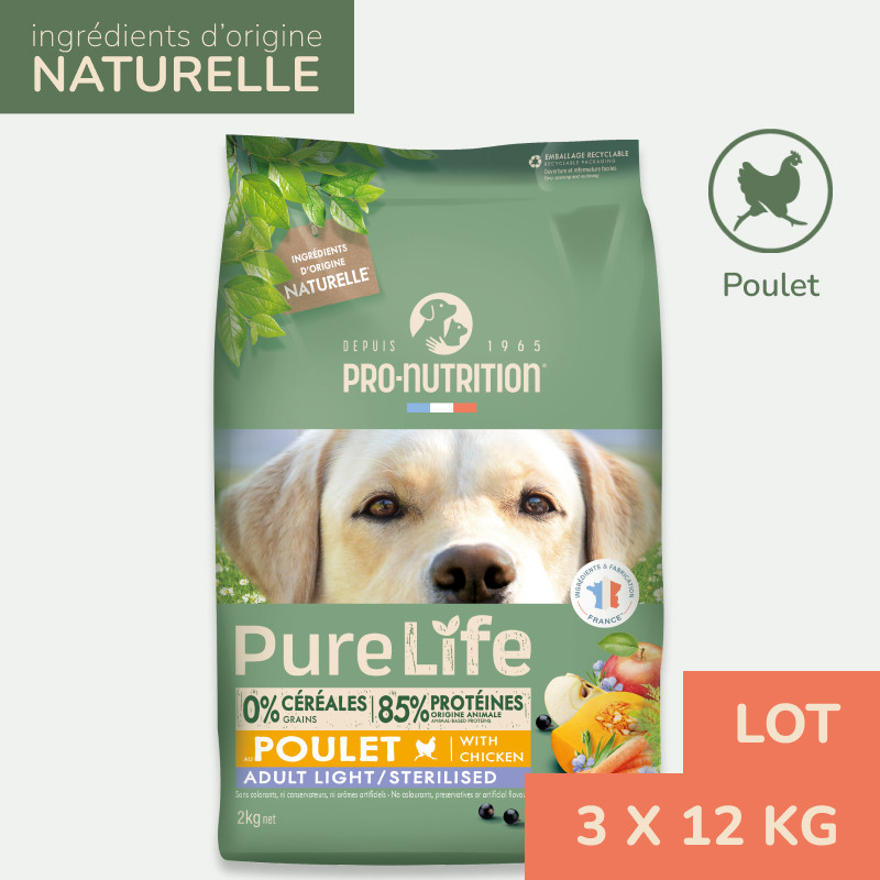 PURE LIFE CHIEN ADULT LIGHT STERILISED POULET | Croquettes sans céréales pour  chien stérilisé au poulet 12kg  - Pro Nutrition - Flatazor
