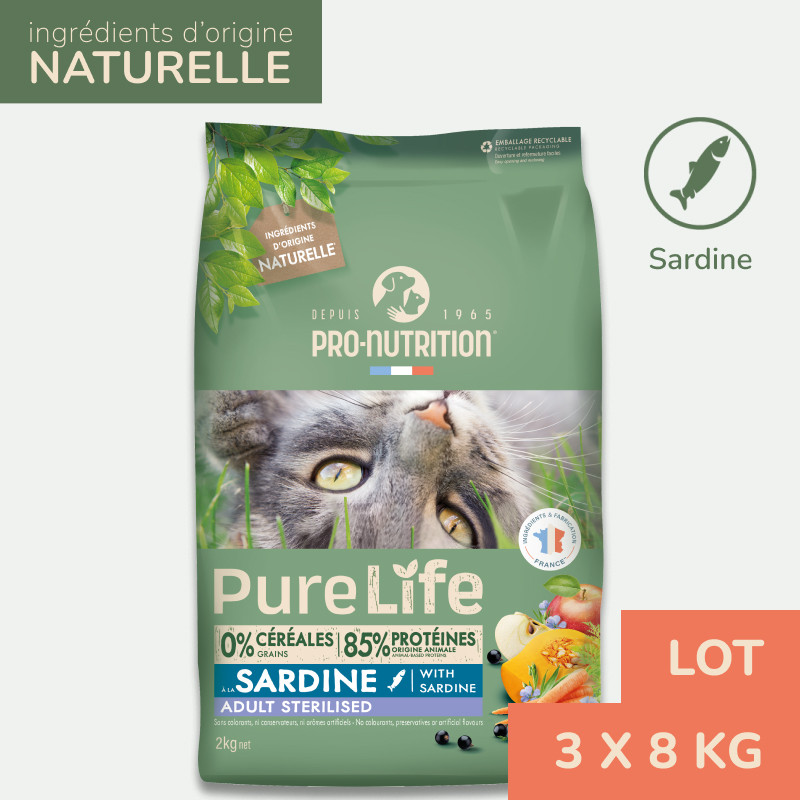 Pure Life  Chat  Sterilised Sardine | Croquettes Sans Céréales Pour  Chat Stérilisé À La Sardine - Lot 3x8kg - Pro-nutrition Flatazor