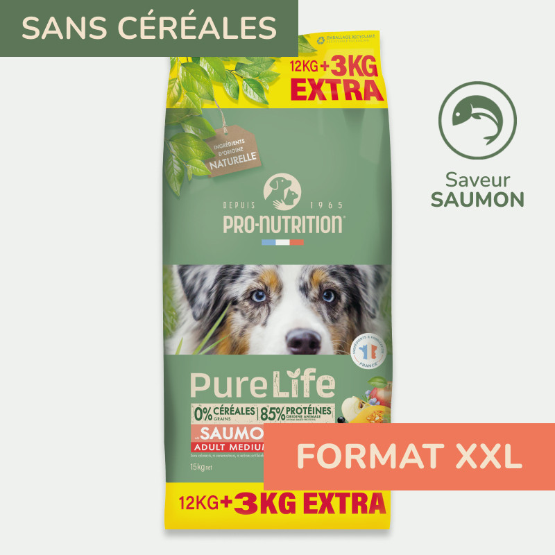 PURE LIFE CHIEN ADULT  SAUMON | Croquettes sans céréales pour  chien  au saumon - 12+3Kg offerts  - Pro Nutrition - Flatazor