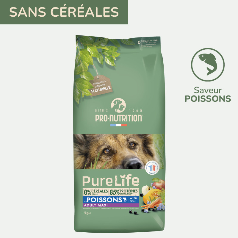 Pure Life Chien Adult Maxi Poissons | Croquettes sans céréales pour chien saveur poissons 12kg Abonnement Toutes les 3 semaines  - Pro Nutrition - Flatazor
