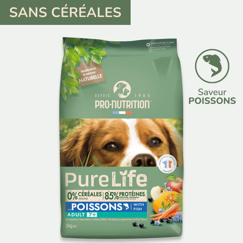 Pure Life Chien Adult 7+ Poissons | Croquettes sans céréales pour chien senior - saveur poissons 2kg  - Pro Nutrition - Flatazor