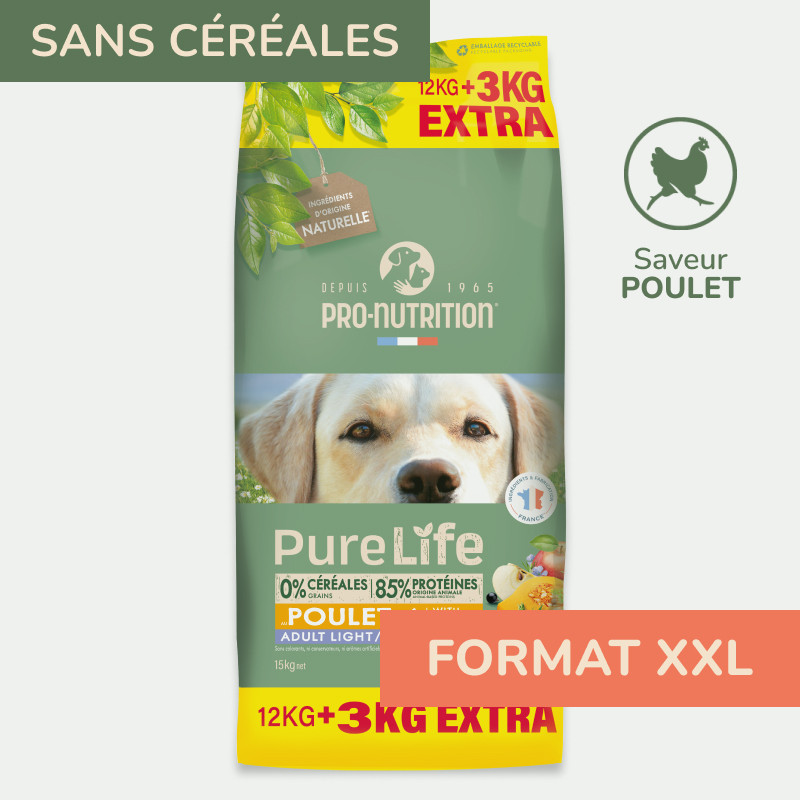 PURE LIFE  CHIEN ADULT  POULET | Croquettes sans céréales pour  chien  au poulet - 12+3Kg offerts  - Pro Nutrition - Flatazor