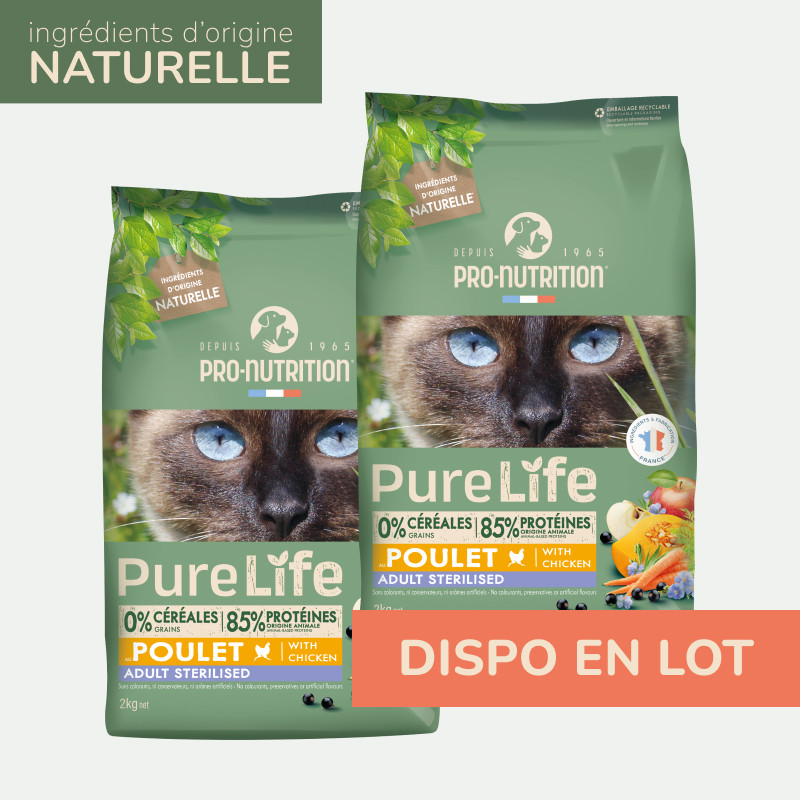 PURE LIFE  CHAT  STERILISED POULET | Croquettes sans céréales pour  chat stérilisé au poulet LOT - 2x2kg  - Pro Nutrition - Flatazor