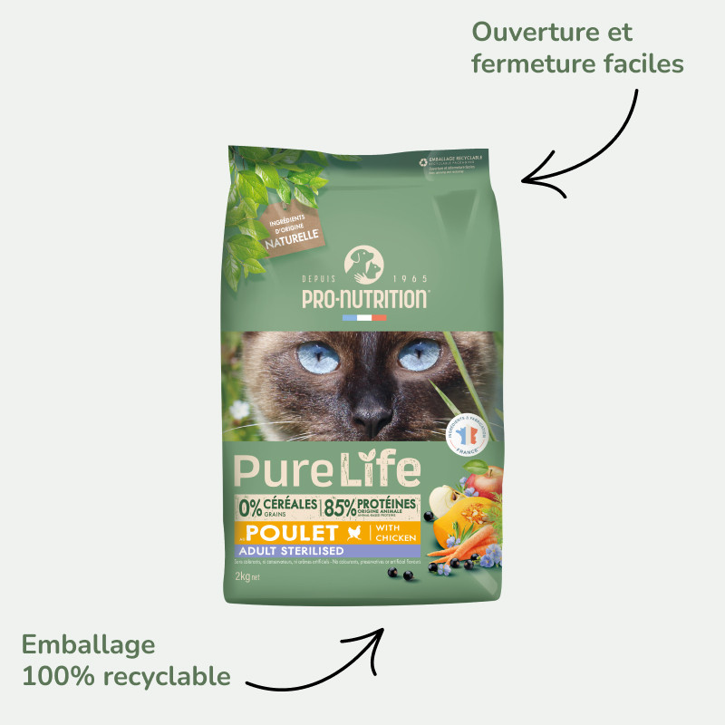 PURE LIFE  CHAT  STERILISED POULET | Croquettes sans céréales pour  chat stérilisé au poulet LOT - 2x2kg  - Pro Nutrition - Flatazor