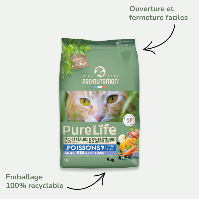 PURE LIFE CHAT ADULT 8+  POISSONS | Croquettes sans céréales pour  chat senior aux poissons - LOT 2x8kg  - Pro Nutrition - Flatazor