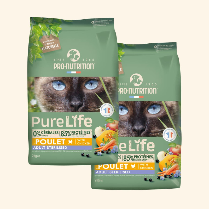 PURE LIFE  CHAT  STERILISED POULET | Croquettes sans céréales pour  chat stérilisé au poulet LOT - 2x2kg  - Pro Nutrition - Flatazor