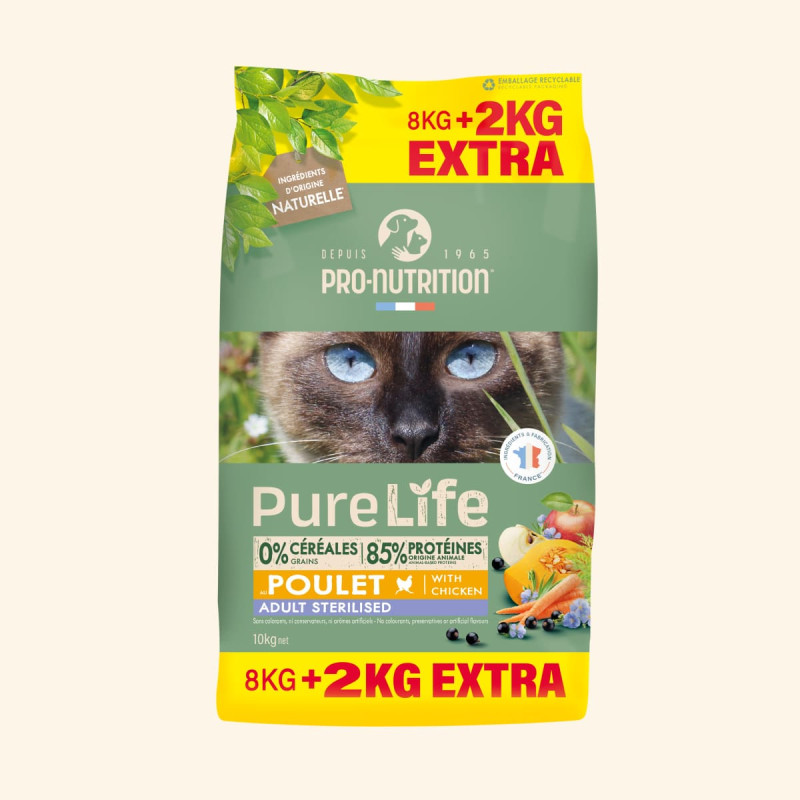 PURE LIFE CHAT  STERILISED POULET | Croquettes sans céréales pour  chat stérilisé au poulet - 8+2kg offerts  - Pro Nutrition - Flatazor