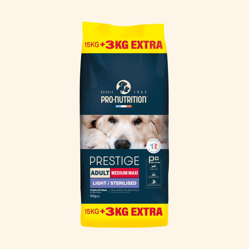 PRESTIGE CHIEN ADULT MEDIUM MAXI LIGHT/STERILISED | Croquettes pour chien de moyenne et grande taille stérilisé - 15+3Kg offerts  - Pro Nutrition - Flatazor