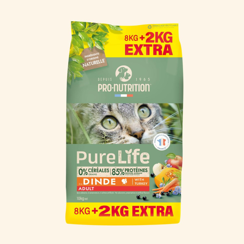 PURE LIFE  CHAT ADULT  DINDE | Croquettes sans céréales pour chat  à la dinde - 8+2kgs offerts  - Pro Nutrition - Flatazor