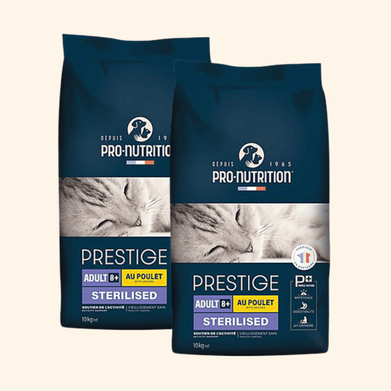 Comparer les prix de PRESTIGE CHAT ADULT 8+ AU POULET STERILISED| Croquettes pour chat sénior au poulet - Pro Nutrition - Flatazor